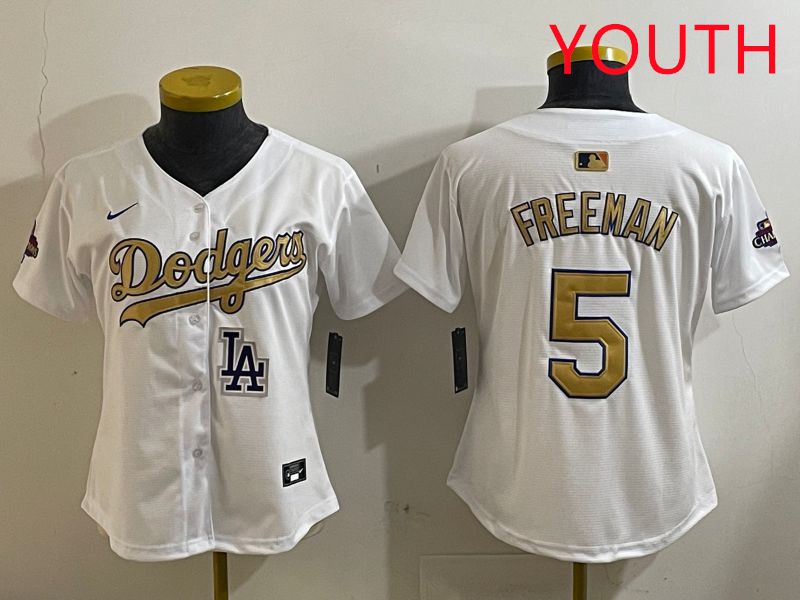 Youth Los Angeles Dodgers #5 Freeman White Champion gold character 2025 Nike MLB Jersey style 4127->youth mlb jersey->Youth Jersey